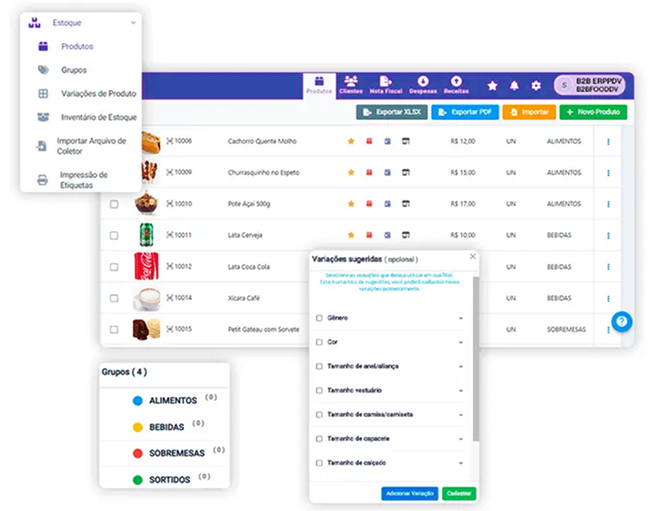 Tela do módulo de estoque do sistema B2B ERP/PDV