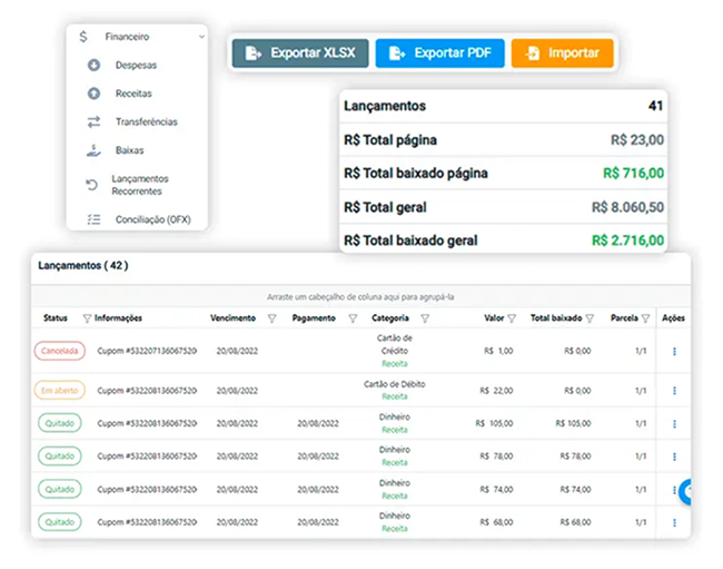 Tela do módulo financeiro do sistema B2B ERP/PDV